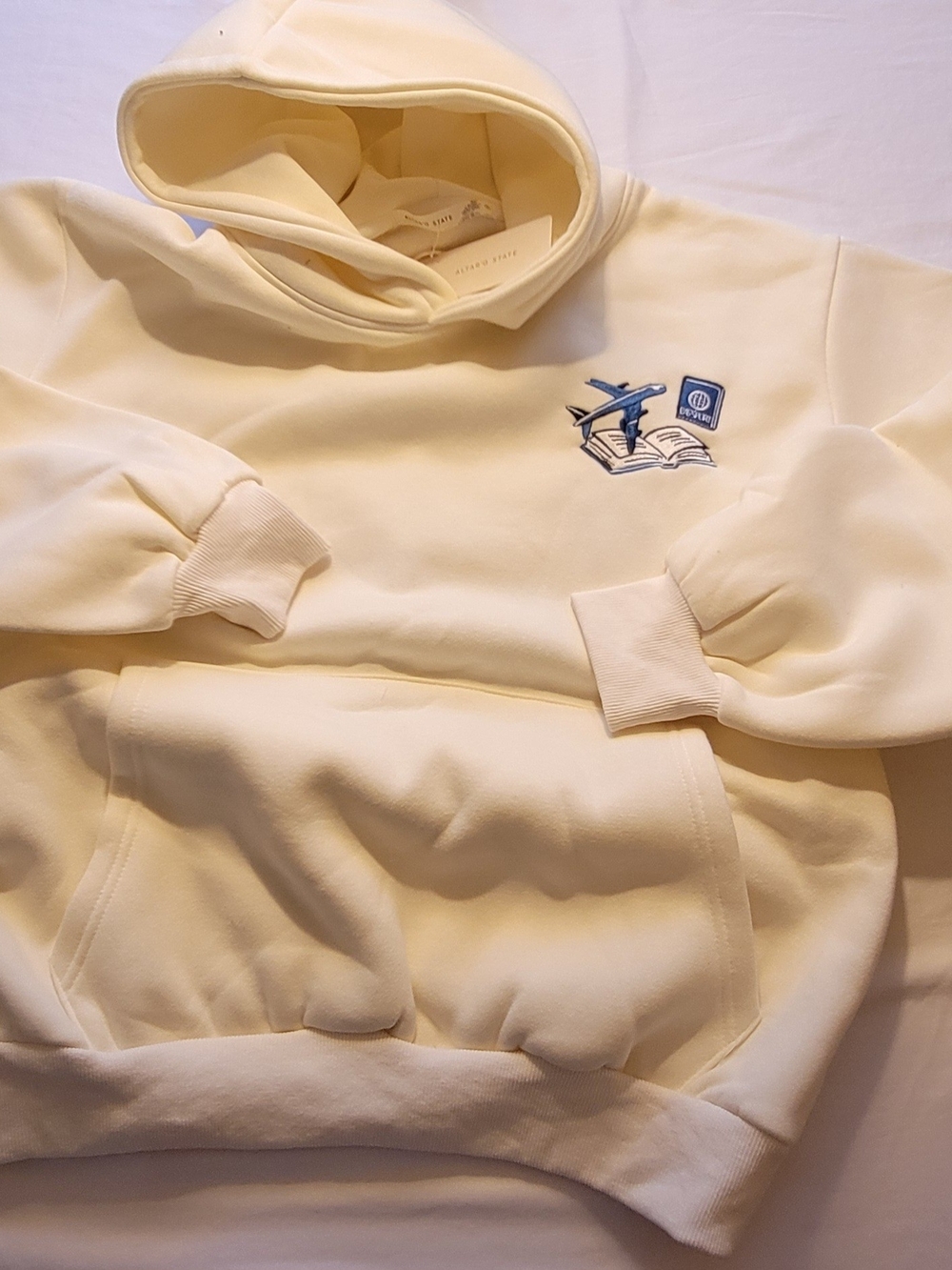 Altar'd State Cream Hooded Sweatshirt with Blue Embroidered Patches